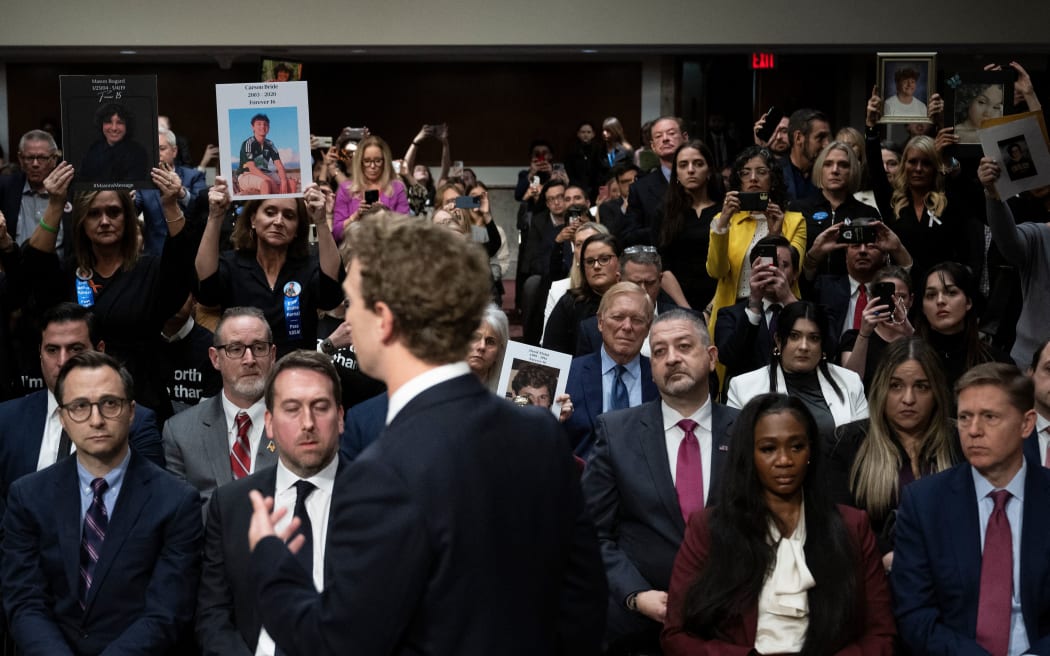 Mark Zuckerberg, CEO of Meta, speaks to victims and their family members as he testifies during the US Senate Judiciary Committee hearing "Big Tech and the Online Child Sexual Exploitation Crisis" in Washington, DC, on January 31, 2024. (Photo by Brendan Smialowski / AFP)