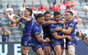 Eddie Ieremia-Toeava celebrates with teammates after scoring. NSW Cup Grand Final - Warriors v St George at CommBank Stadium, Sydney.