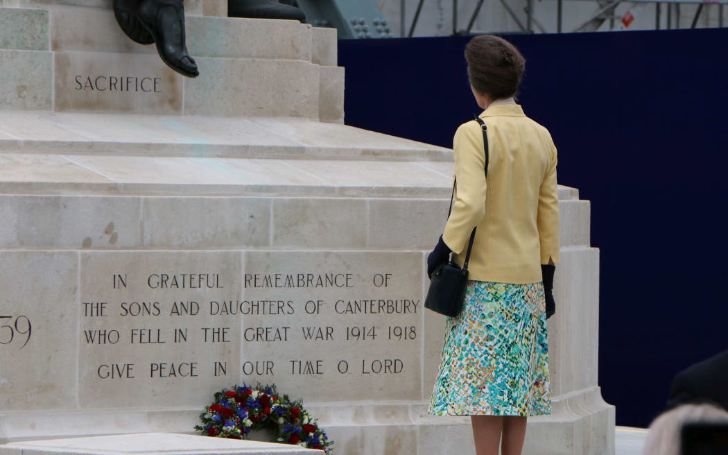 Princess Anne lays a wreath at the rededicated the Citizens' War Memorial in Christchurch.