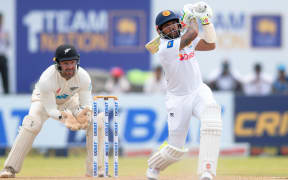 Kamindu Mendis launches into the Black Caps on day two of the second cricket test in Galle.