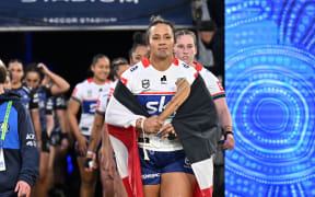 Harata Butler of the Warriors leads the team out . Canterbury Bankstown Bulldogs v NZ Warriors.