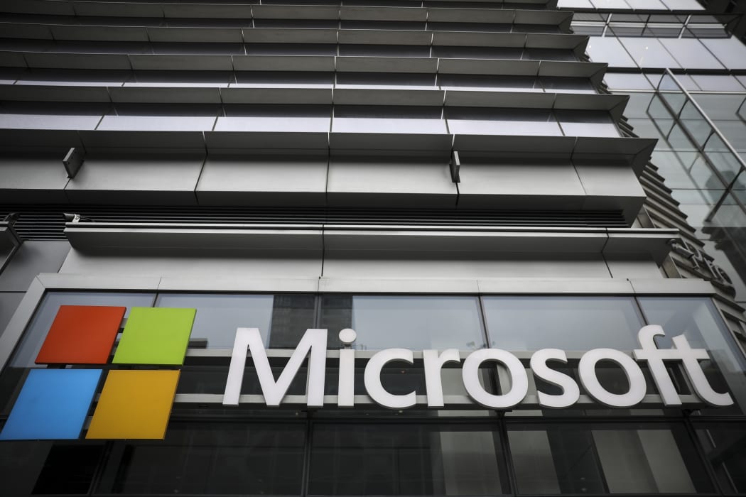 File photo June 4, 2018. Microsoft logo displayed outside the Microsoft Technology Center, New York City.