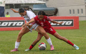 Samoa's Madison Cahill Tahiti's Moerani More. OFC U-16 Women's Championship 2025, Tahiti v Samoa, Samoa Football HQ Apia, Thursday 7 August 2025. Photo: Shane Wenzlick / www.phototek.nz