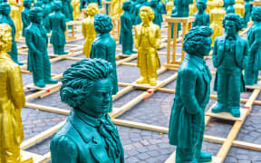 Beethoven figurines painted lime green and blue - art.