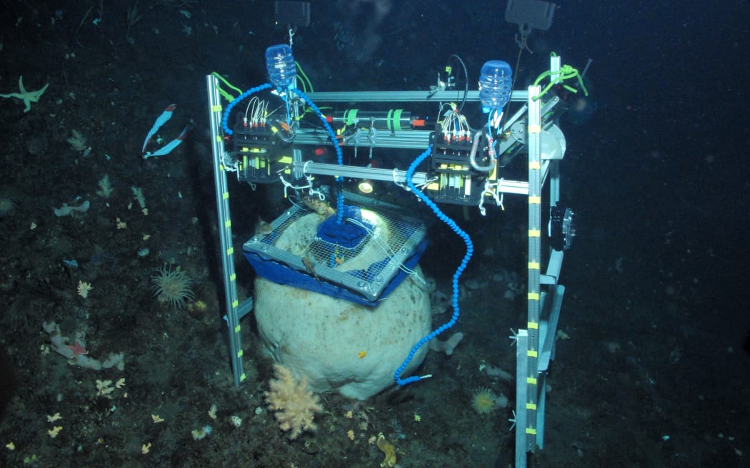 A metal frame with tubes and bottles attached sits on the seafloor in dark ocean, positioned over a large off-white cylinder. A square attachment, part of the frame apparatus, rests over the top opening of the cylinder.
