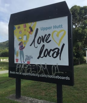 A photo of a graffiti scrawl reading: 'Purge Day 01' was taken on the first day of alert level 4 lockdown for NZ, at the entrance to Totara Park.