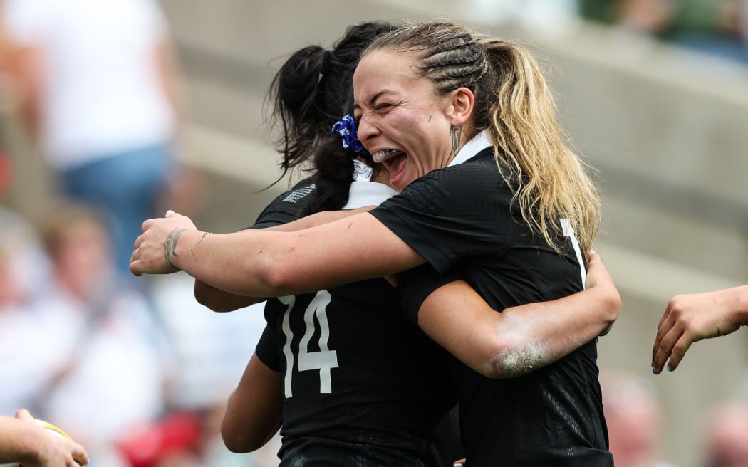 New Zealand Black Fern's Braxton Sorensen-McGee celebrates try score with Renee Holmes