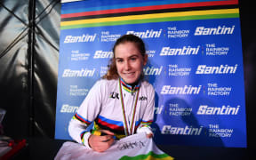 Niamh Fisher Black of New Zealand signing the World Champions Jersey