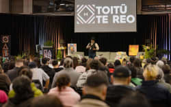 Māori activist Tame Iti speaks to a packed out crowd at Toitū Te Reo 2024.