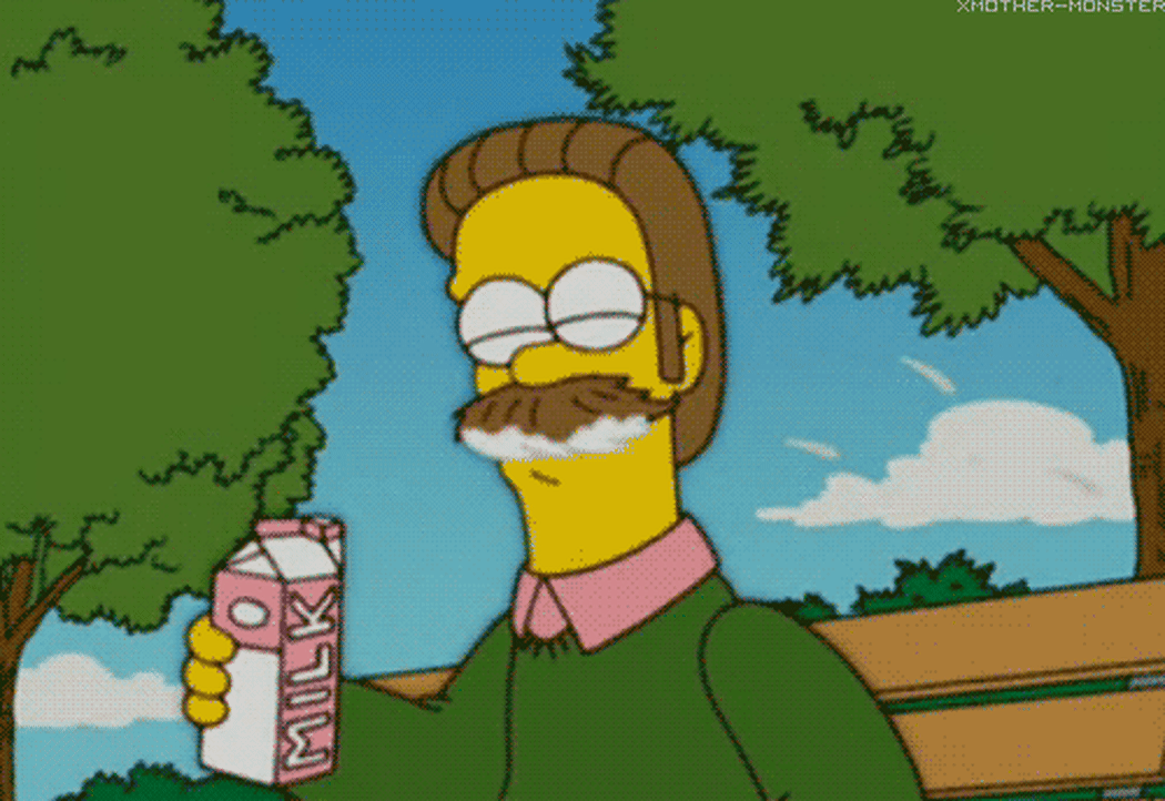 A gif of Ned Flanders from the Simpsons drinking milk from a carton