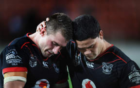 an Foran and Issac Luke after a Warriors loss.