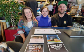 From left Jodi Cordell, Emma Raeburn and Elliot Luxton who are from either Yonder or The World Bar in Queenstown at a recruitment event.