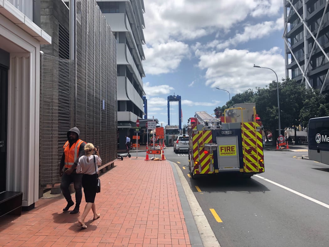 A fire engine near Britomart, where the power is out.
