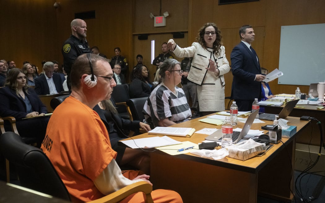 PONTIAC, MICHIGAN - APRIL 9: (left to right) James Crumbley, his attorney Mariell Lehman, Jennifer Crumbley, and her attorney Shannon Smith, sit in court for sentencing on four counts of involuntary manslaughter for the deaths of four Oxford High School students who were shot and killed by the Crumbley parents' son, on April 9, 2024 at Oakland County Circuit Court in Pontiac, Michigan. Crumbley and his wife Jennifer Crumbley were the first parents in U.S. history to be criminally tried and convicted for a mass school shooting that was committed by their child. Photo by Bill Pugliano/Getty Images) (Photo by BILL PUGLIANO / GETTY IMAGES NORTH AMERICA / Getty Images via AFP)