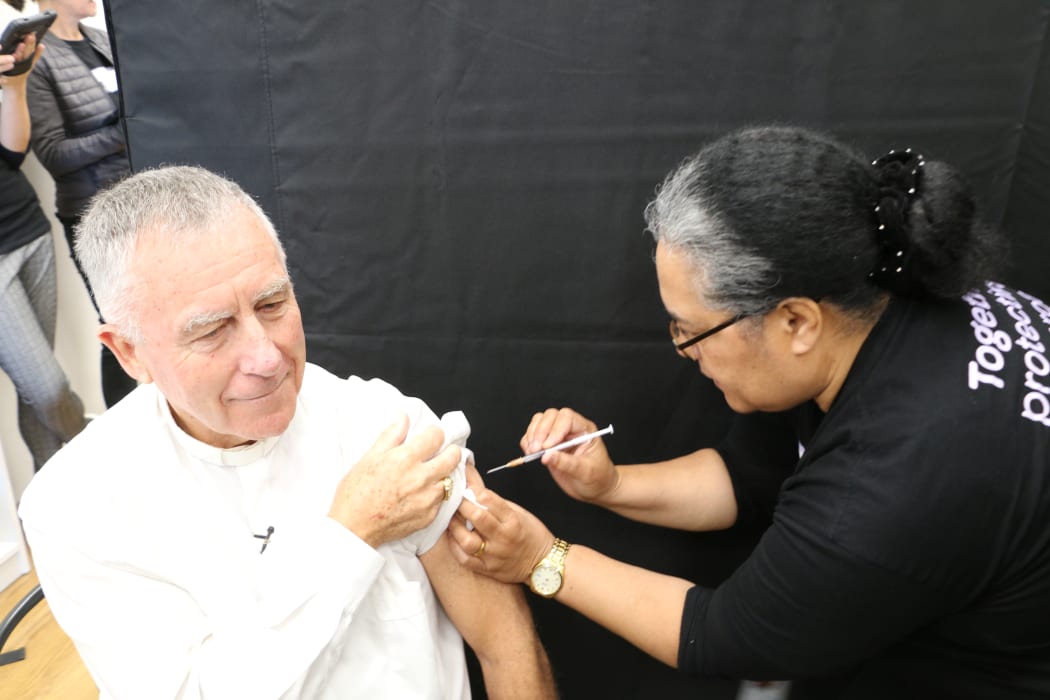 The Catholic Archbishop of Wellington, Cardinal John Dew, gets vaccinated against Covid-19, 9 June, 2021.