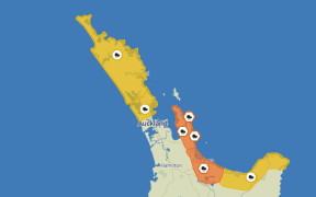 MetService map of rain warnings and watches across the upper North Island on 15 July, 2024.