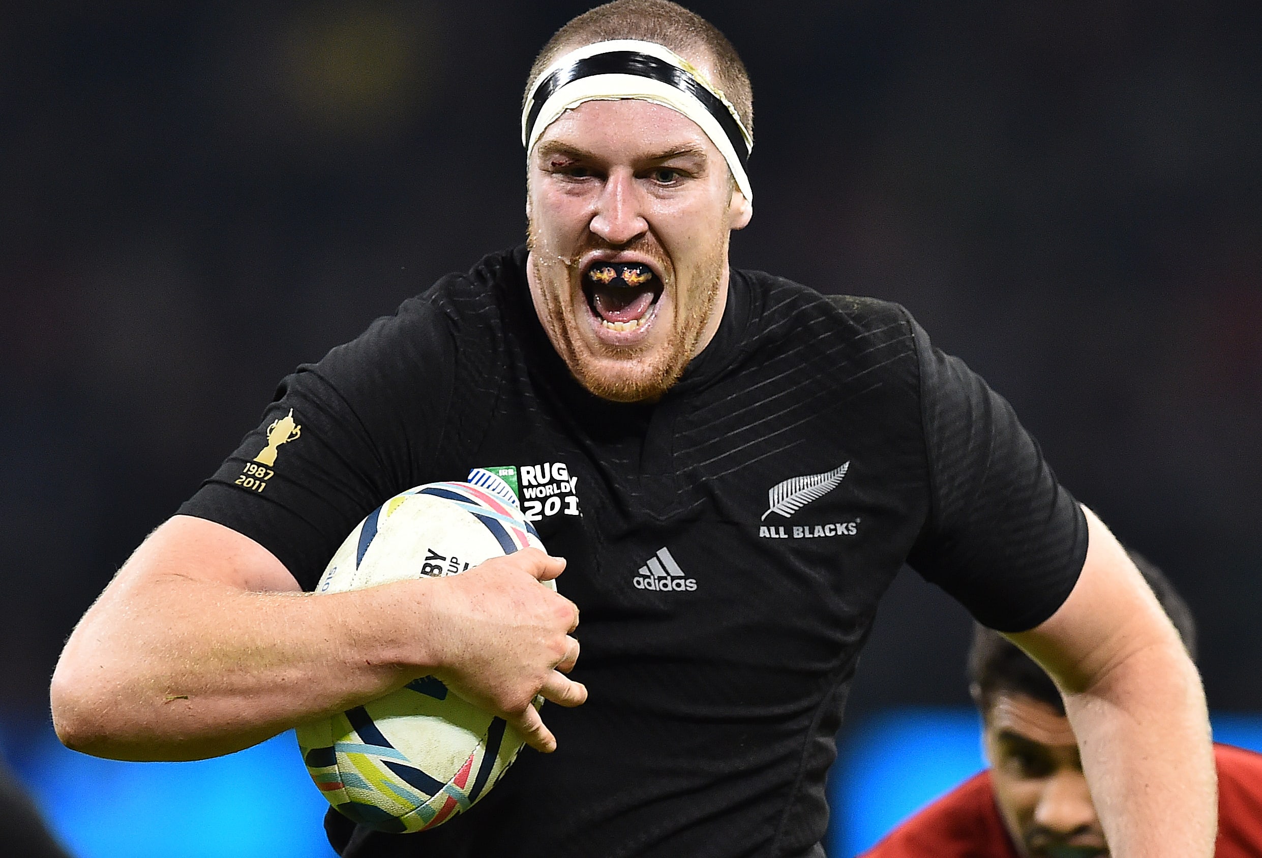 All Black lock Brodie Retallick scores the first try of the match during the 2015 Rugby World Cup Quarter Final against France in Cardiff.