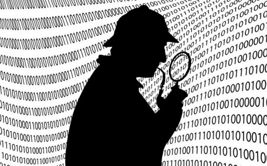 An image of Sherlock Homes with binary computer code in the background