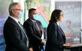 Police Minister Poto Williams flanked by Corrections Minister Kelvin Davis (left) and Justice Minister Kris Faafoi at a law and order pre-Budget announcement.