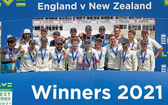 Black Caps celebrate the test series win in England, 2021.
