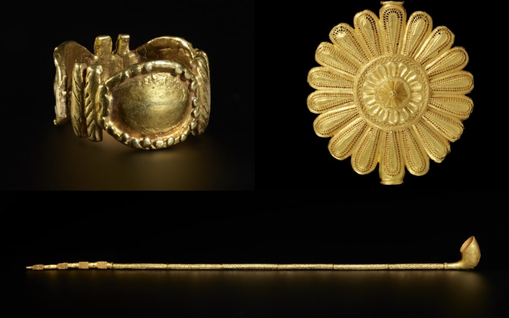 The V&A is lending 17 items including an Asante gold ring (top left), a gold badge worn by the king's "soul washer" and a ceremonial pipe.
