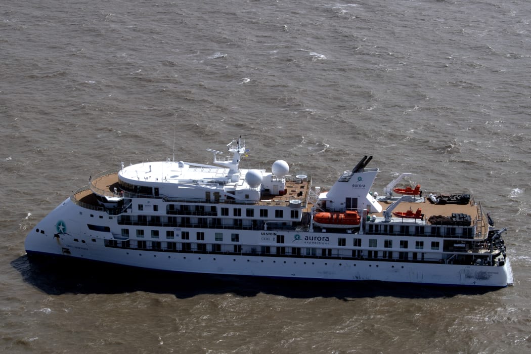 Aerial view of Australian cruise ship Greg Mortimer off the port of Montevideo on 7 April 7 2020.