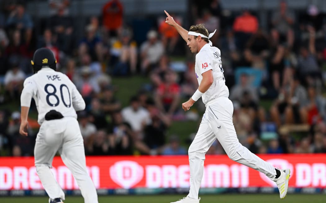England's Stuart Broad celebrates the wicket of New Zealand opening batsman Devon Conway.
New Zealand Black Caps v England. Day 3 of the first day/night cricket test match at Bay Oval, Tauranga, New Zealand. Feb 18 2023. ( Photo by Andrew Cornaga / Photosport )