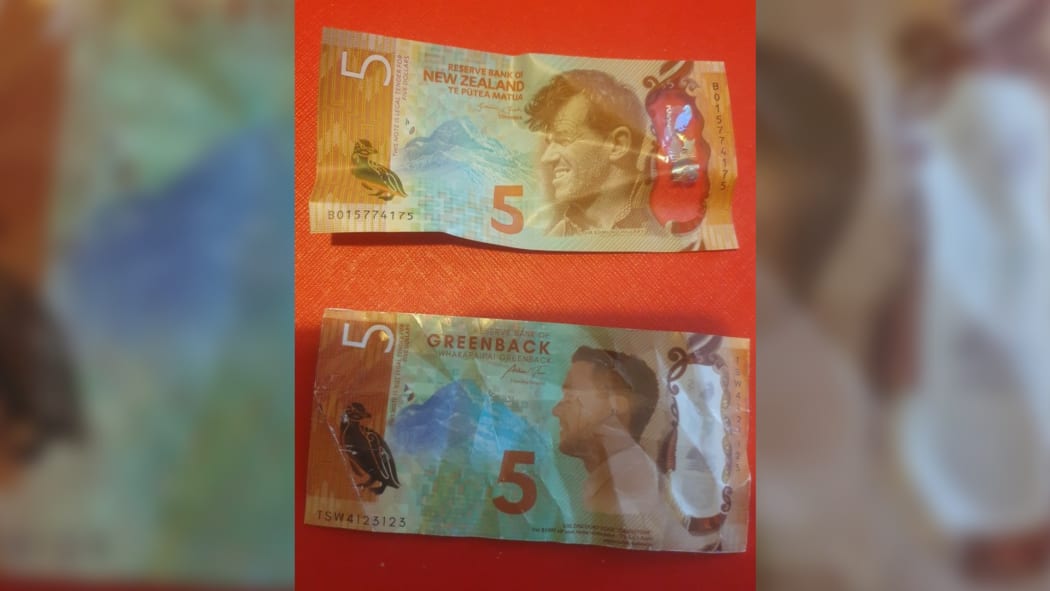A real $5 note (top) and a fake $5 note given out at the Safety Warehouse promotion.