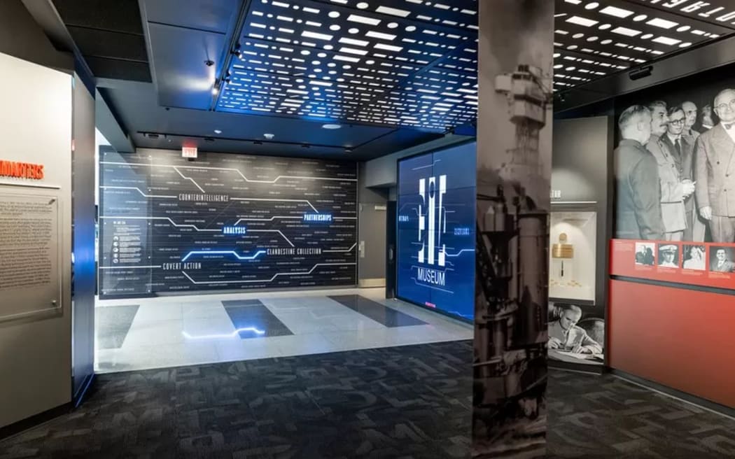 The entrance to the CIA Museum introduces visitors to the overarching themes they can find throughout the exhibits: counterintelligence, partnerships, analysis, clandestine collection, and covert action.