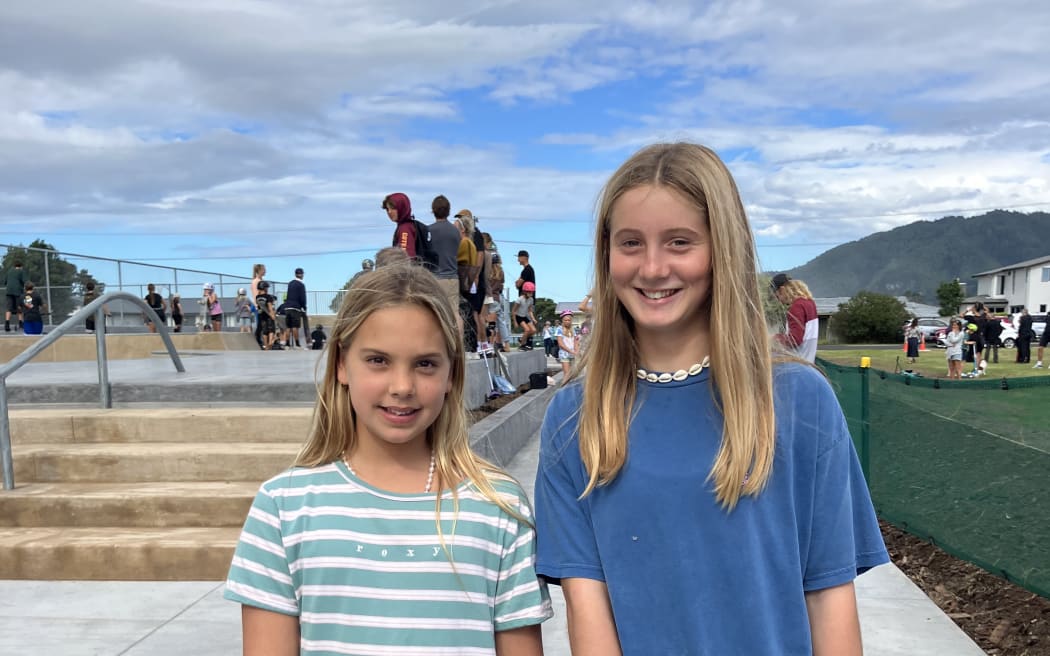 Zahlia, 12, (left) and Ari, 13, (right) at the Tairua Skate Park opening 15 April 2024.