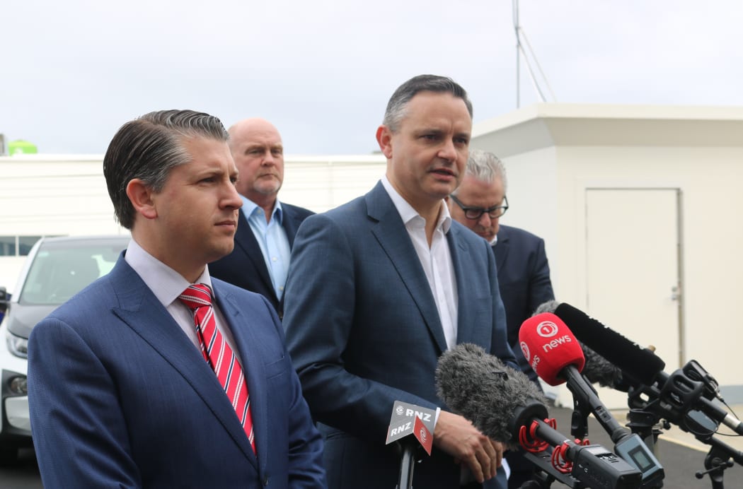 Michael Wood and James Shaw at EV policy announcement in Auckland