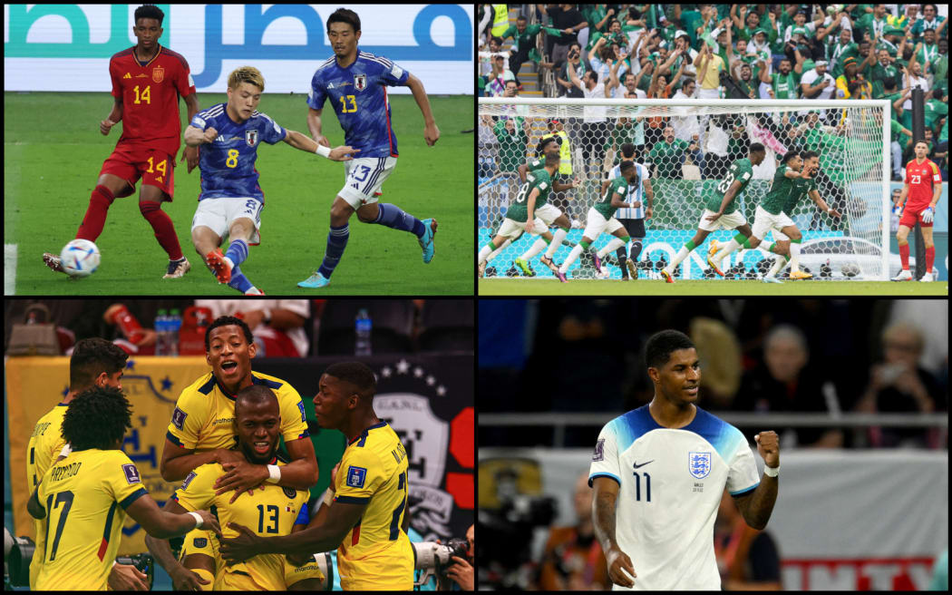 FIFA World Cup surprise stars collage: Ritsu Doan, Salem Al-Dawsari, Enner Valencia and Marcus Rashford.