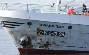 The Viking Bay ship approaching Queen's Wharf in Wellington