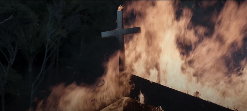 A re-enactment of the church at Rangiaowhia being burnt down