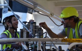 ARGO voyage 2023 - Nathalie Zilberman (UCSD) and Charlie Branham (Seabird Scientific) on board NIWA's RV Tangaroa working on the CTD - an instrument used to calibrate sensors for argo floats.