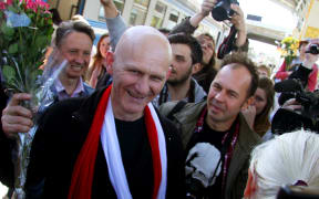 In this file photo taken on 21 June, 2014 Belarus prominent rights activist Ales Byalyatski arrives in the capital Minsk after being released from jail. The Norwegian Nobel Committee awarded the 2022 Nobel Peace Prize to human rights advocate Byalyatski from Belarus, the Russian human rights organisation Memorial and the Ukrainian human rights organisation Center for Civil Liberties.