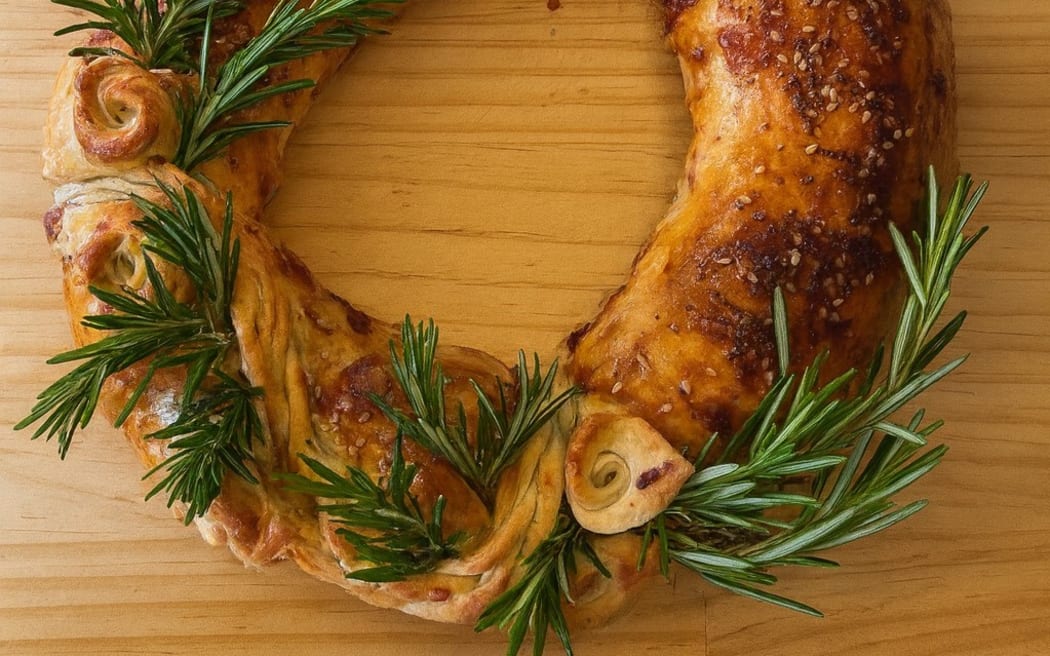 A Caramelised Onion Sausage Roll Wreath on a wooden board, decorated with sprigs of fresh rosemary.