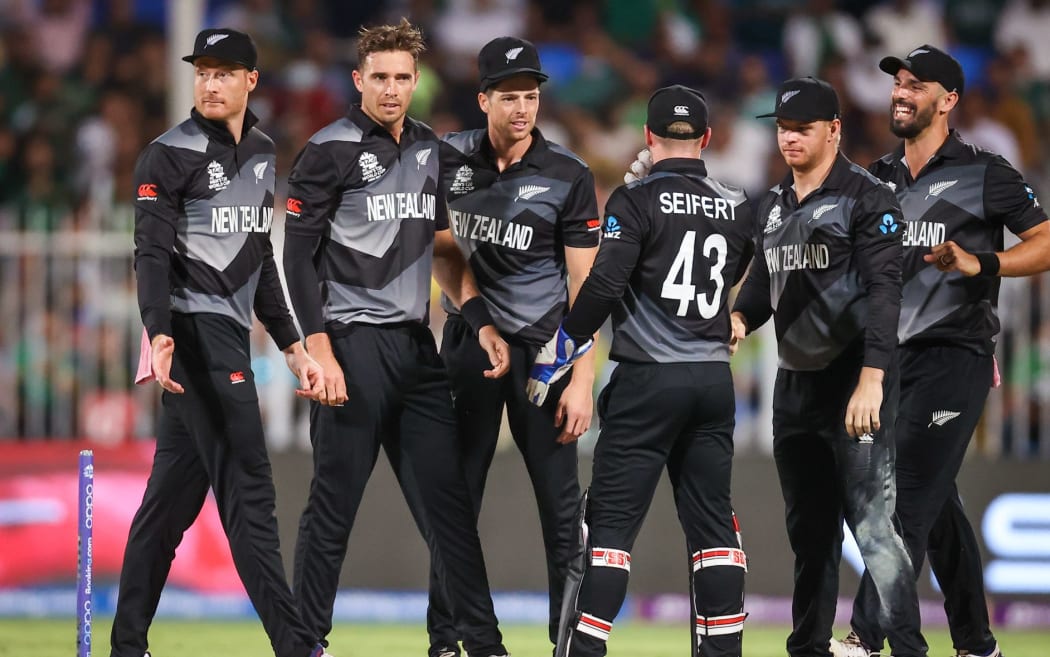 Tim Southee from the New Zealand BlackCaps celebrates with team mates.