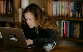 A girl looking at a laptop screen.