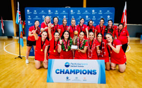 Tonga celebrate their win in the Pacific AusSports Netball Series.