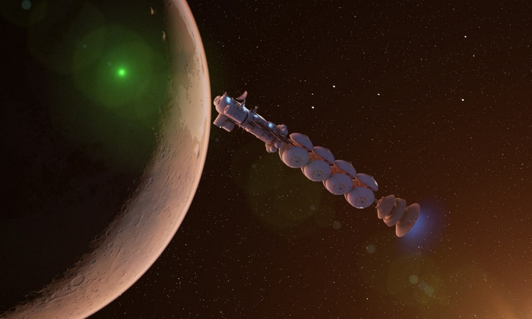 Spaceship traveling to Mars, computer illustration. (Photo by SEBASTIAN KAULITZKI/SCIENCE PHOT / SKX / Science Photo Library via AFP)