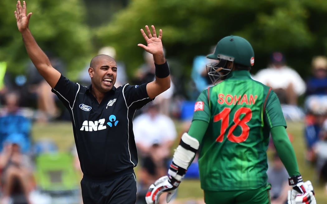 Jeetan Patel celebrates a wicket during the 3rd ODI against Bangladesh.