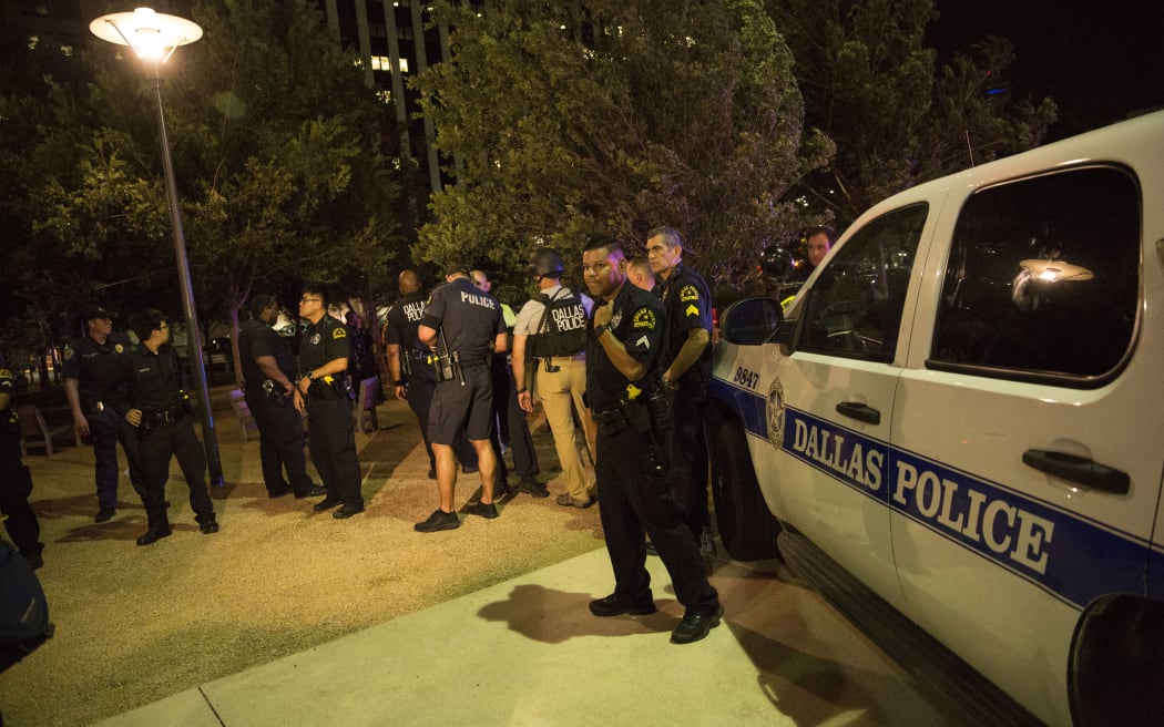 Police cars on Main Street in Dallas following the sniper shootings and protest.