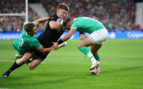 Jordie Barrett in the 2023 Rugby World Cup quarter-final match between New Zealand and Ireland at the Stade de France, Paris.