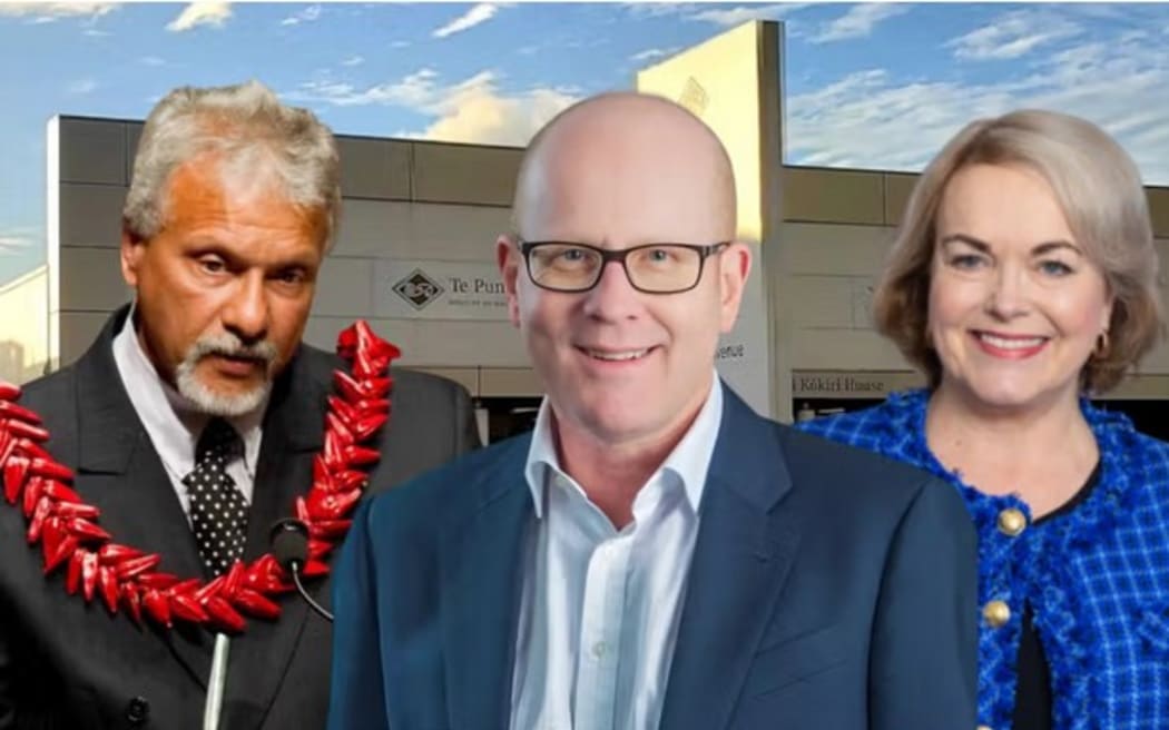 From left: Anae Arthur Anae, Roger Partrige and Judith Collins discuss the impact of a possible merger of smaller government departments.

Photo/LinkedIn/File