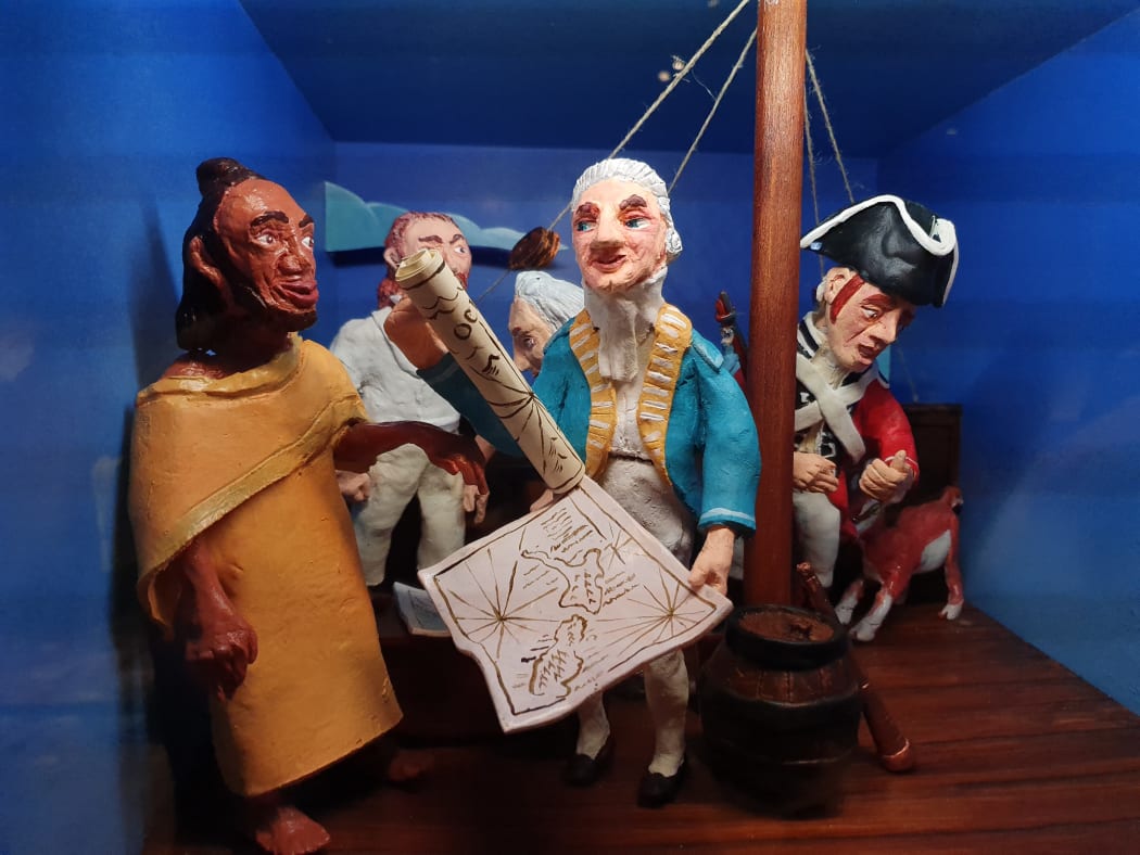 Tupaia, left, with the Englishmen on the Endeavour.