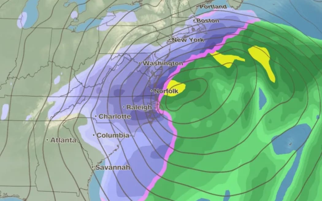 This a single computer model run showing how the storm could look in scenario two with extremely heavy snow and strong wind impacting much of the mid-Atlantic and Northeast.