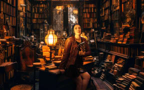Author Steffanie Holmes sits in a magical looking old book shop.