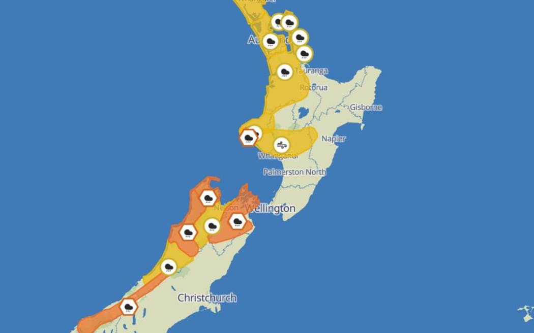 MetService has issued orange heavy rain warnings for the Tasman, Marlborough, Buller and Westland districts, along with Mt Taranaki in the North Island.