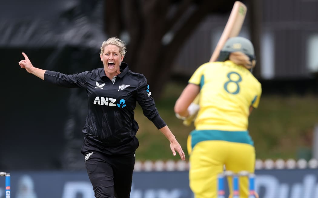 White Ferns captain Sophie Devine appeals during the 2nd ODI New Zealand White Ferns v Australia Rose Bowl ODI series at Cello Basin Reserve, Wellington, 21 December 2024. © Copyright image by Marty Melville / www.photosport.nz